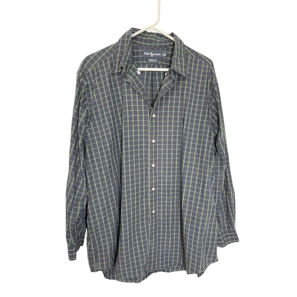 Ralph Lauren 17.5 34/35 Blue/Green Plaid Yarmouth Button Down 100% Cotton Preppy - Picture 2 of 8